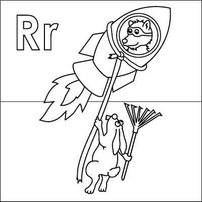400x400 Letter R Coloring Page (Rocket, Raccoon, Rabbit, Rope, Rake