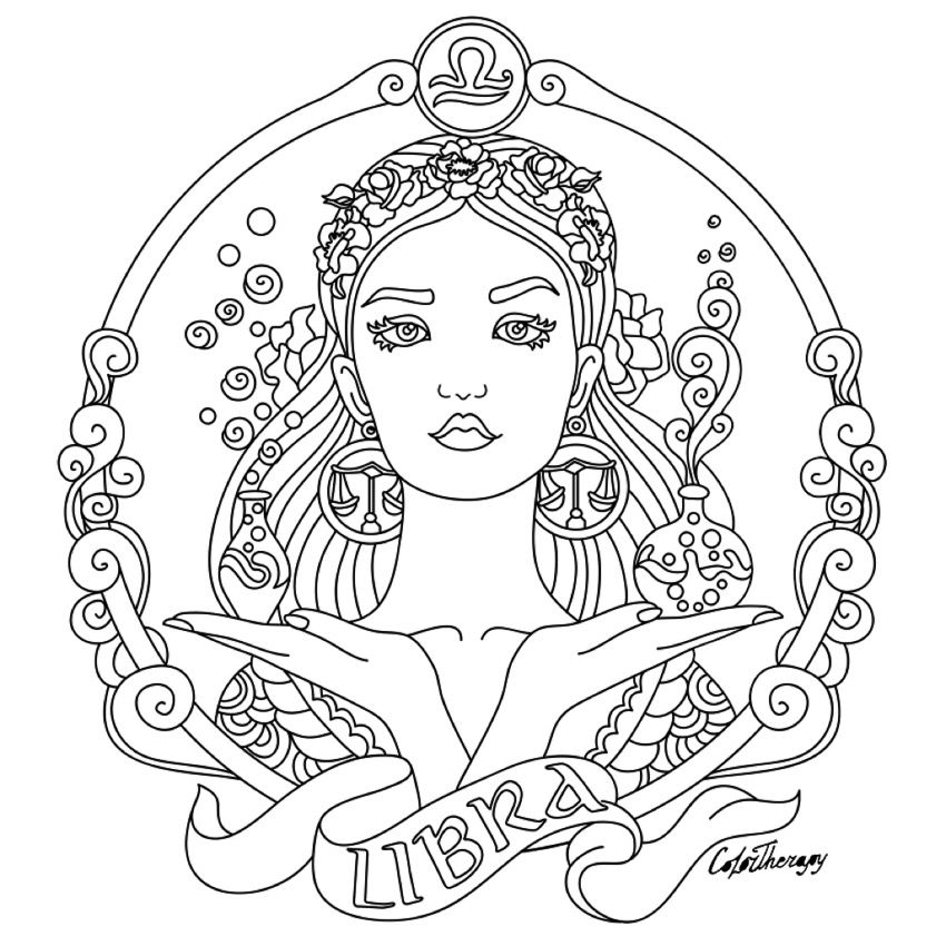 Libra Zodiac Beauty Colouring Page Color Therapy 850x850 Libra Zodiac Beauty Colouring Page Color Therapy