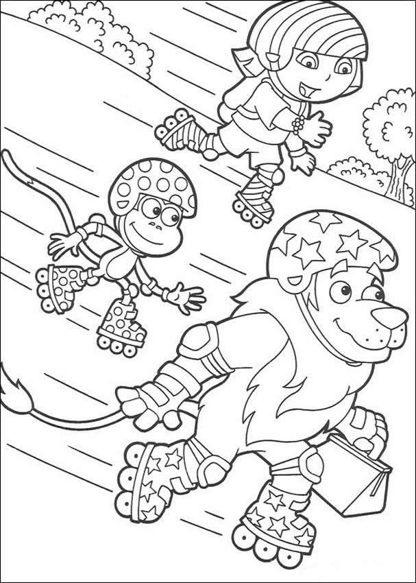 Dora Skating With Boots And Lion Coloring Page 607x850 Dora Skating With Boots And Lion Coloring Page