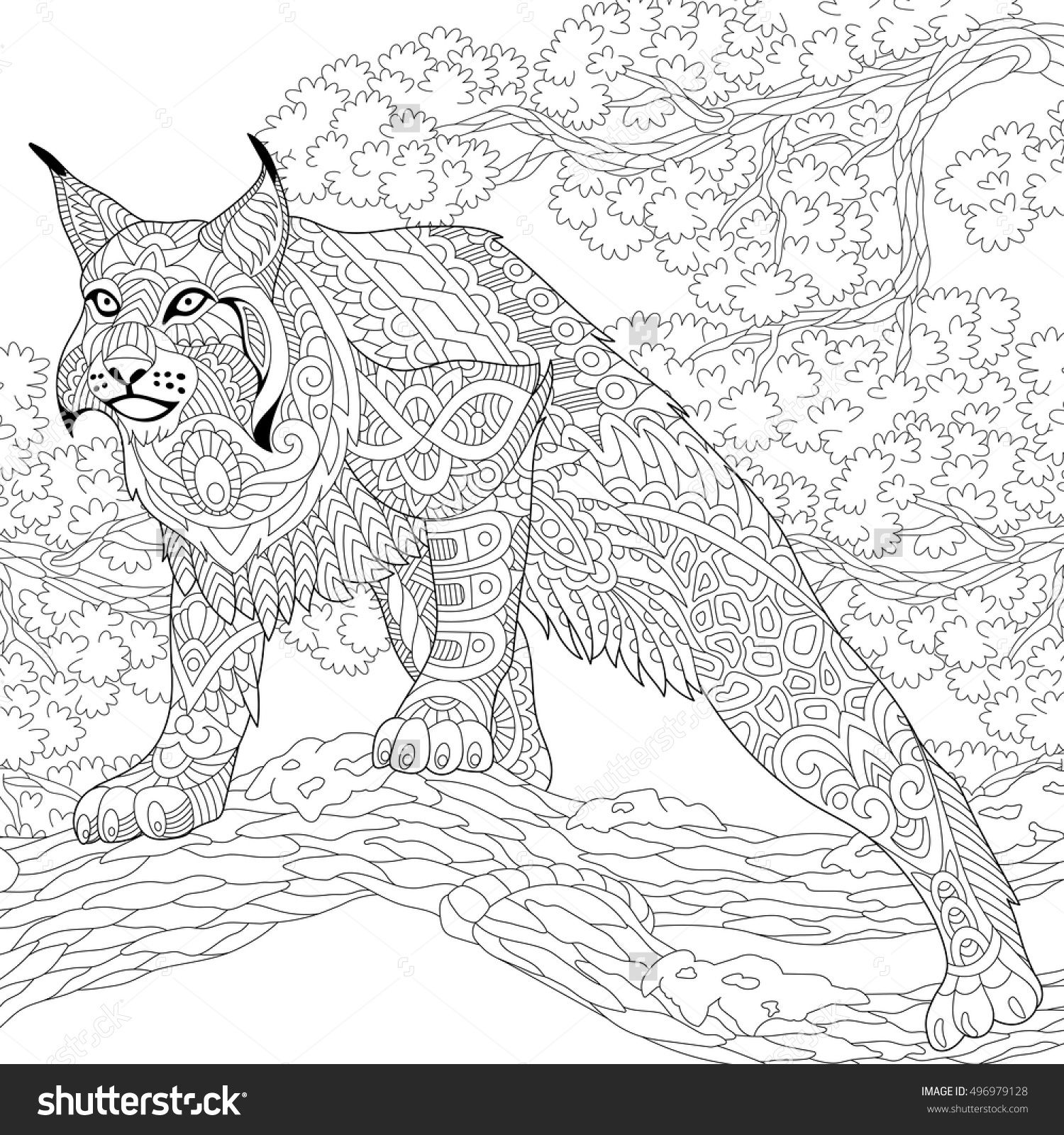 1500x1600 Stylized Hunting Wildcat (Lynx, Bobcat) Ready To Attack. Freehand