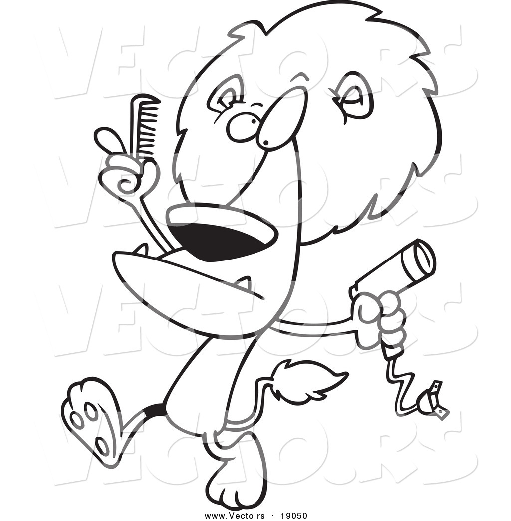 1024x1044 Vector Of A Cartoon Male Lion Using A Comb And Blow Dryer On His