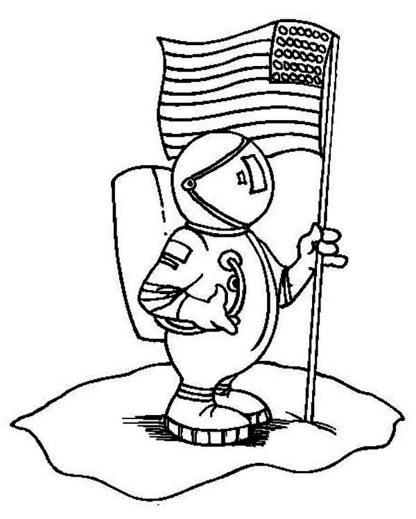 An Astronaut Holding Usa Flag On The Moon Coloring Page 600x748 An Astronaut Holding Usa Flag On The Moon Coloring Page