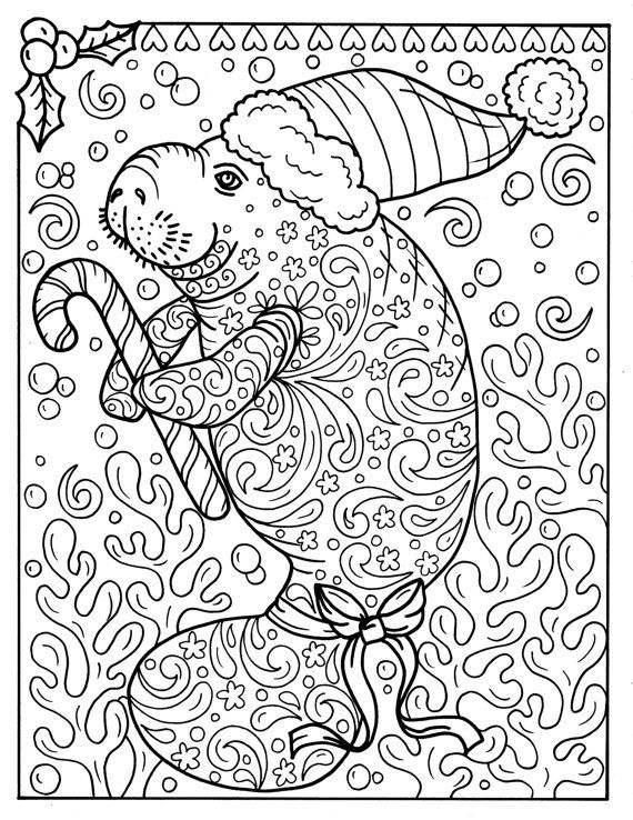 Manatee Christmas Coloring Page Instant Download Adult Coloring 570x738 Manatee Christmas Coloring Page Instant Download Adult Coloring