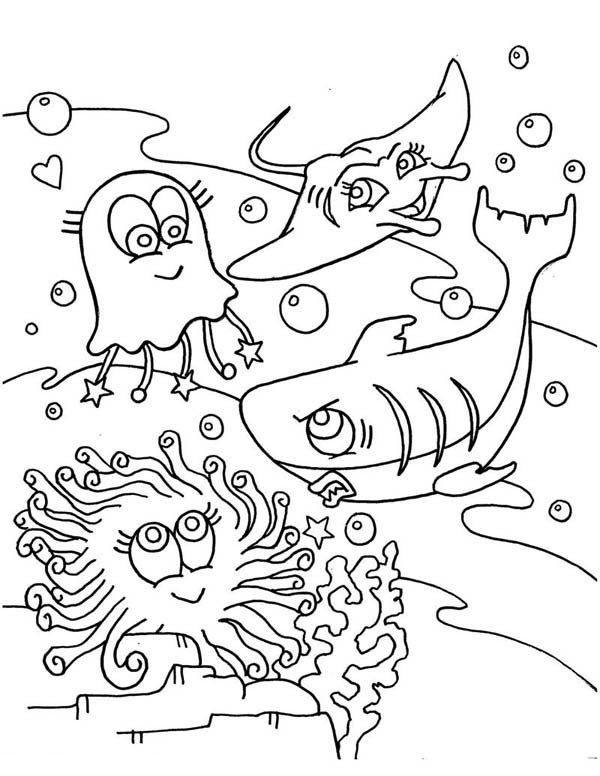 600x776 Cute Jellyfish Shark And Mantaray Coloring Page