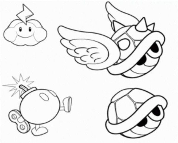Koopa Shells, Mario Bomb And Thundercloud Mario Coloring Page 600x482 Koopa Shells, Mario Bomb And Thundercloud Mario Coloring Page