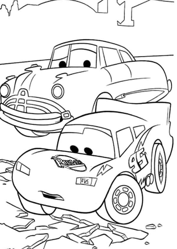 Doc Hudson And Lighting Mcqueen In Disney Cars Coloring Page 600x840 Doc Hudson And Lighting Mcqueen In Disney Cars Coloring Page