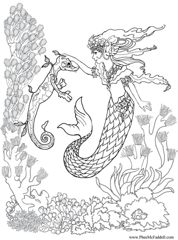 Detailed Mermaid Coloring Pages 619x832 Detailed Mermaid Coloring Pages