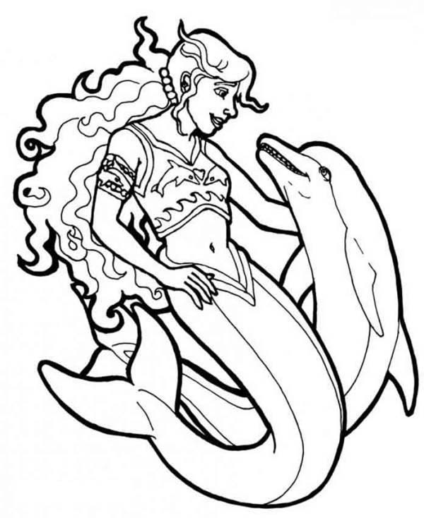Mermaid, Warrior Mermaid With Her Dolphin Coloring Page Ripple 600x734 Mermaid, Warrior Mermaid With Her Dolphin Coloring Page Ripple
