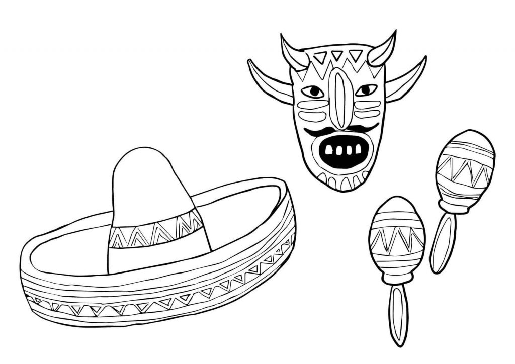 Mask Sombrero And Maracas Mexico Coloring Page 1024x724 Mask Sombrero And Maracas Mexico Coloring Page