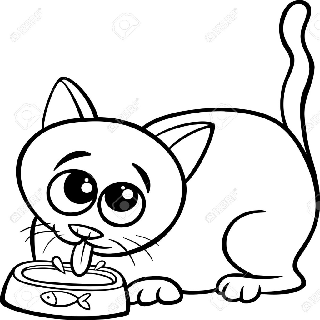 1024x1024 Black And White Cartoon Illustration Of Cute Cat Drinking Milk