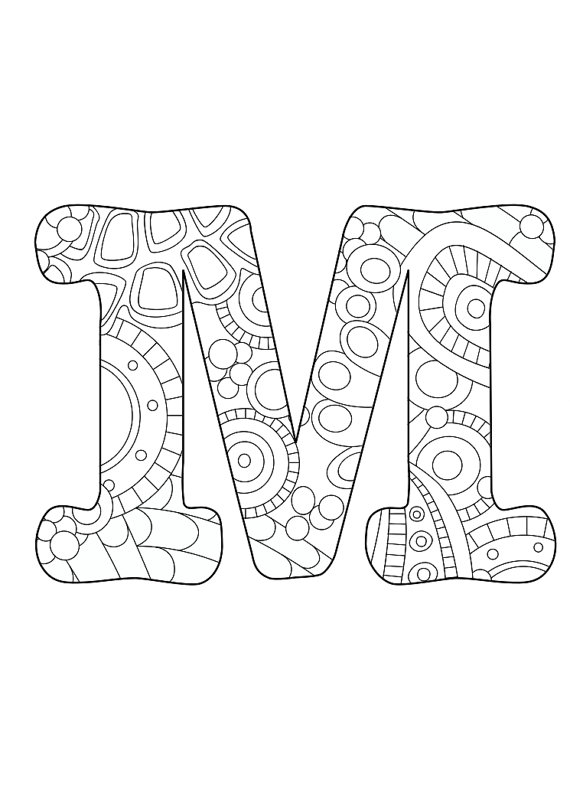 570x806 Letter M, Initial, Monogram, Funky, Color, Coloring Page, Colored