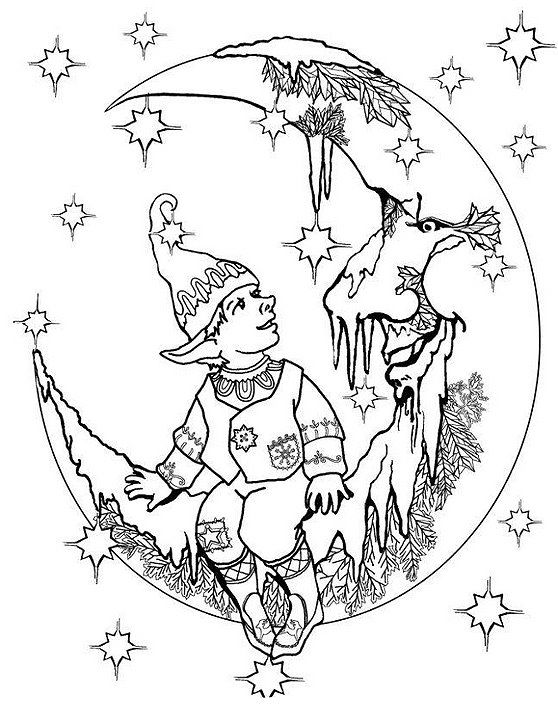 Elf On Moon Adult Coloring Pages Elves, Moon 558x706 Elf On Moon Adult Coloring Pages Elves, Moon