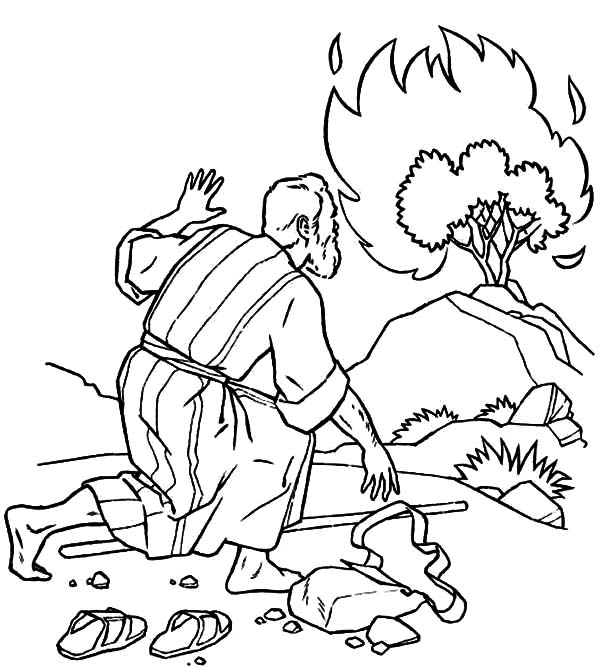 Moses Listen To God Through Burning Bush Coloring Pages 600x669 Moses Listen To God Through Burning Bush Coloring Pages