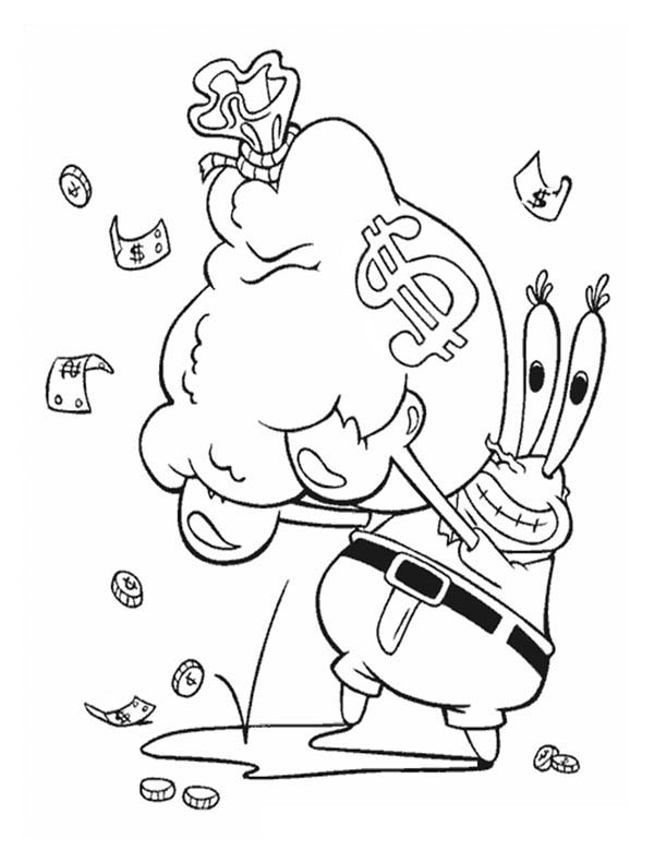 Mr Krabs With A Bag Full Of Money In Krusty Krab Coloring Page 600x790 Mr Krabs With A Bag Full Of Money In Krusty Krab Coloring Page