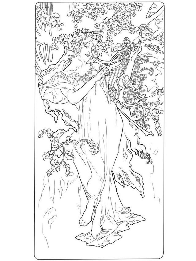 640x853 Spring By Alphonse Mucha Painting Coloring Page Forever