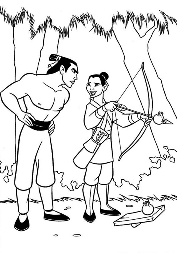 Mulan And Li Shang Practising Archery Coloring Page 600x857 Mulan And Li Shang Practising Archery Coloring Page