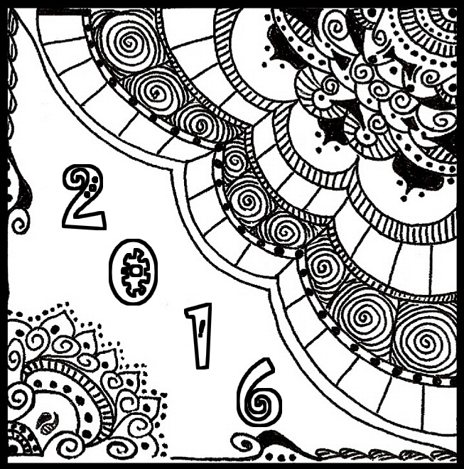 653x660 Happy New Year Card 2016 Paper Art Adult Coloring