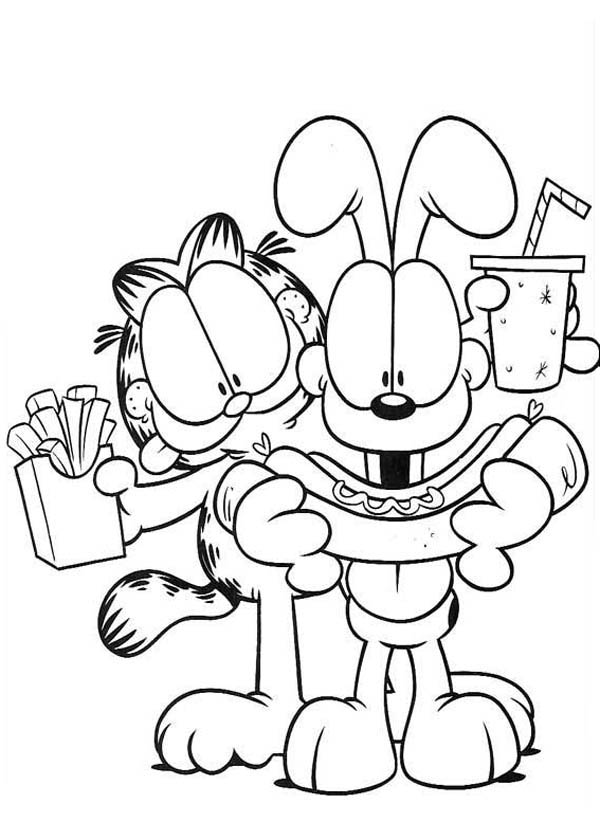 600x840 Garfield Eating Junk Food With Odie Coloring Page