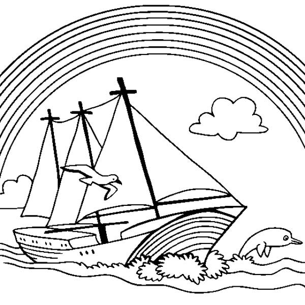 A Boat Sailing With A Lovely Rainbow In The Background Coloring 600x600 A Boat Sailing With A Lovely Rainbow In The Background Coloring
