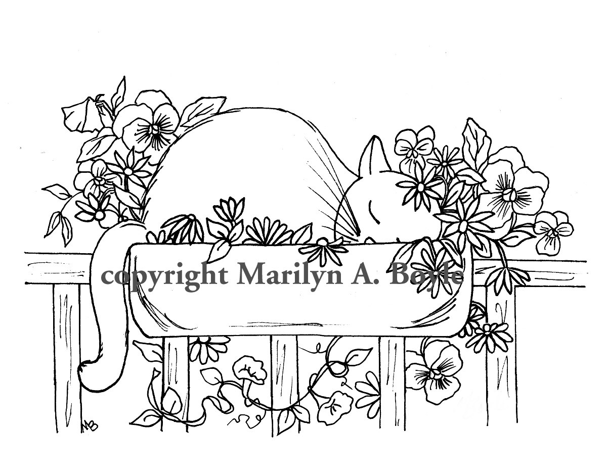 1200x942 Adult Coloring Page Digital Download, Cat, Flowers, Pansies