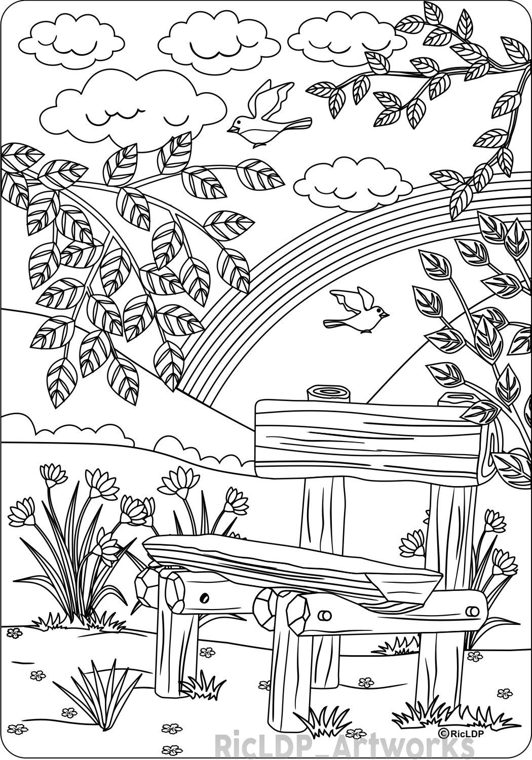 1050x1501 The Bench Coloring Page For Adults