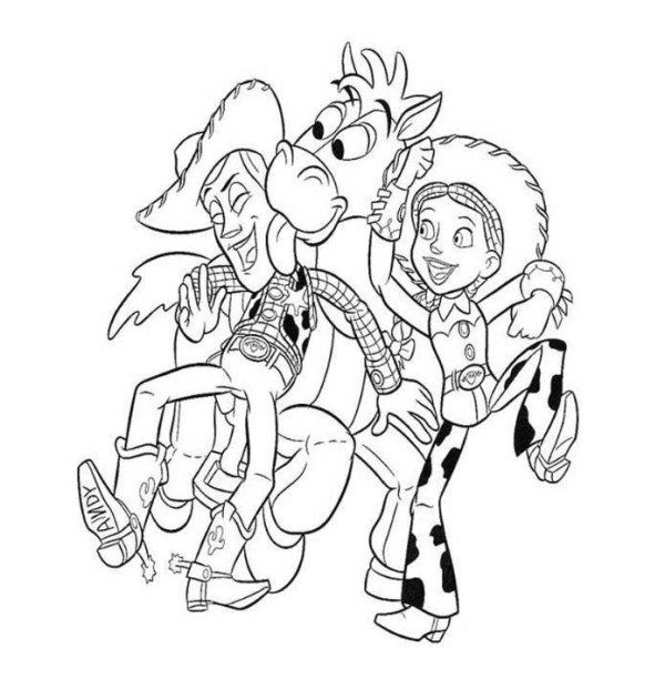 600x621 Woody Jessie Bullseye Dancing Toy Story Coloring Page