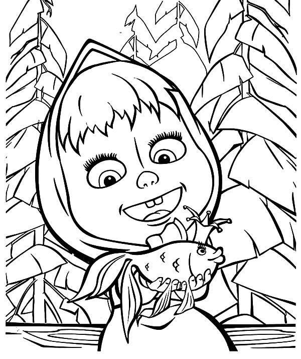 Masha And The Bear Talking To Magic Fish Coloring Pages Color Luna 600x714 Masha And The Bear Talking To Magic Fish Coloring Pages Color Luna