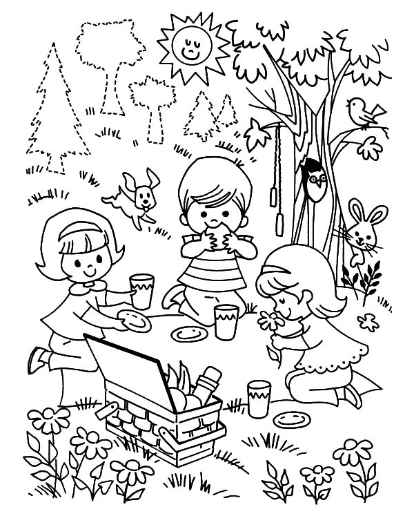 Three Children Playing Family Picnic Coloring Pages 600x734 Three Children Playing Family Picnic Coloring Pages