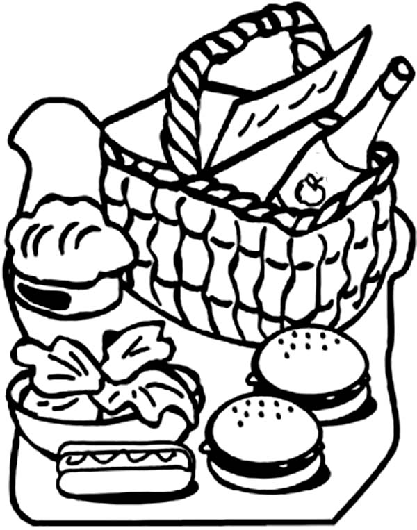 Picnic Basket Full Of Food Coloring Page 600x763 Picnic Basket Full Of Food Coloring Page