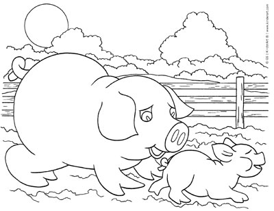 Pig And Piglet Coloring Page Kinderart 400x308 Pig And Piglet Coloring Page Kinderart