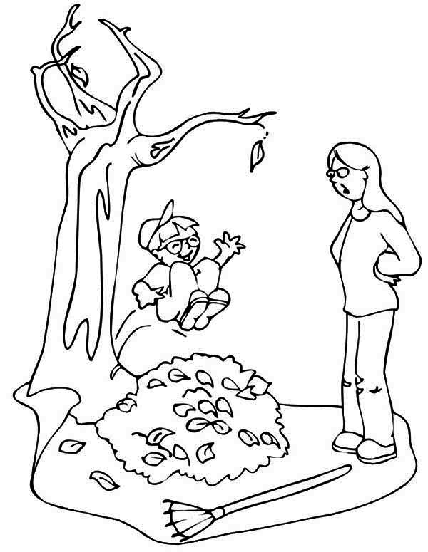 Kid Jumping To Pile Of Fall Leaf Coloring Page 600x775 Kid Jumping To Pile Of Fall Leaf Coloring Page