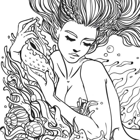 Adult Coloring Page Fantasy Mermaid Line Art 570x570 Adult Coloring Page Fantasy Mermaid Line Art