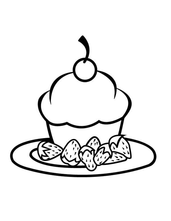 Cupcake With Strawberry On Plate Coloring Page 600x776 Cupcake With Strawberry On Plate Coloring Page