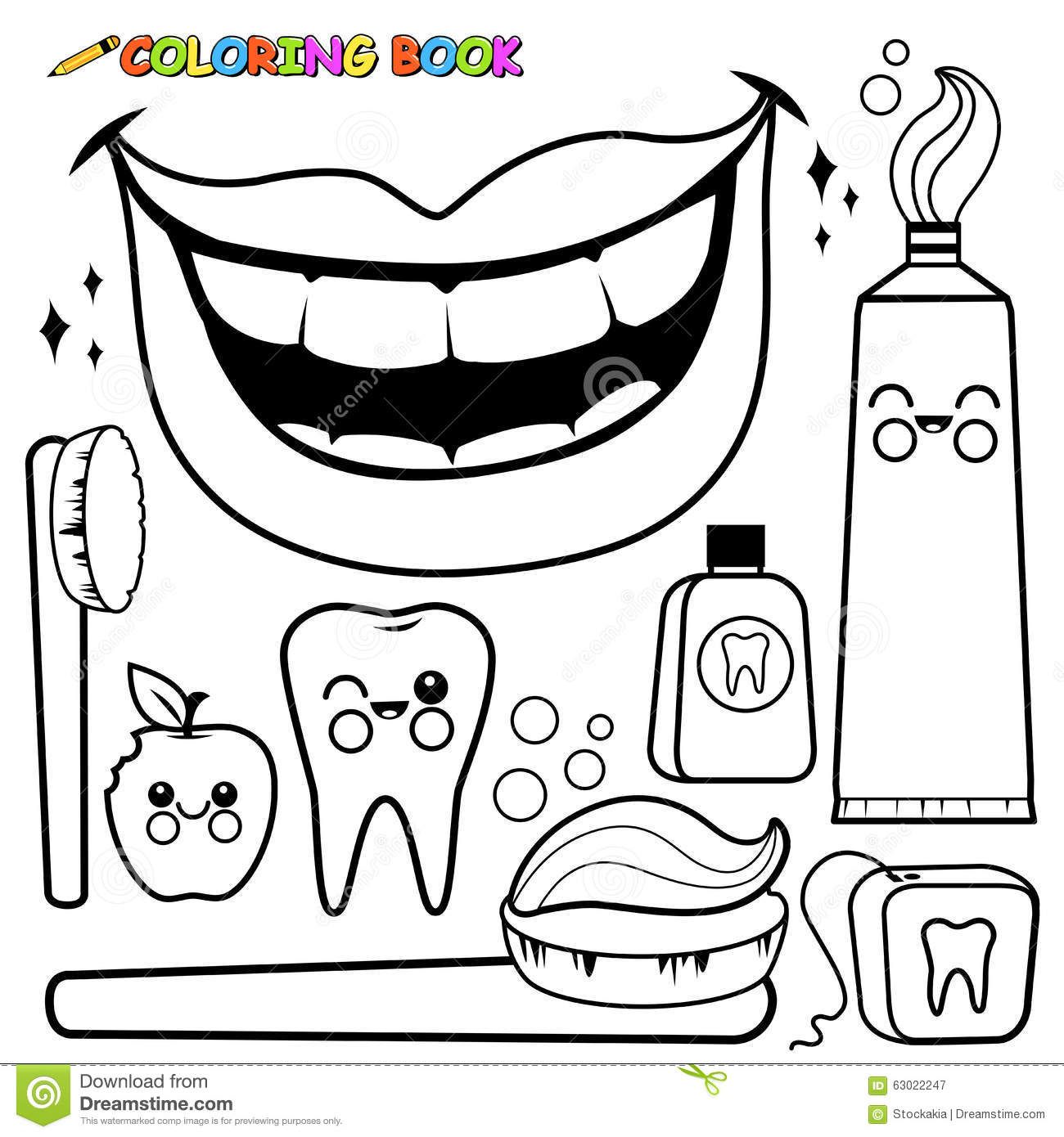 1300x1390 Coloring Page Dental Hygiene Vector Set Stock Vector