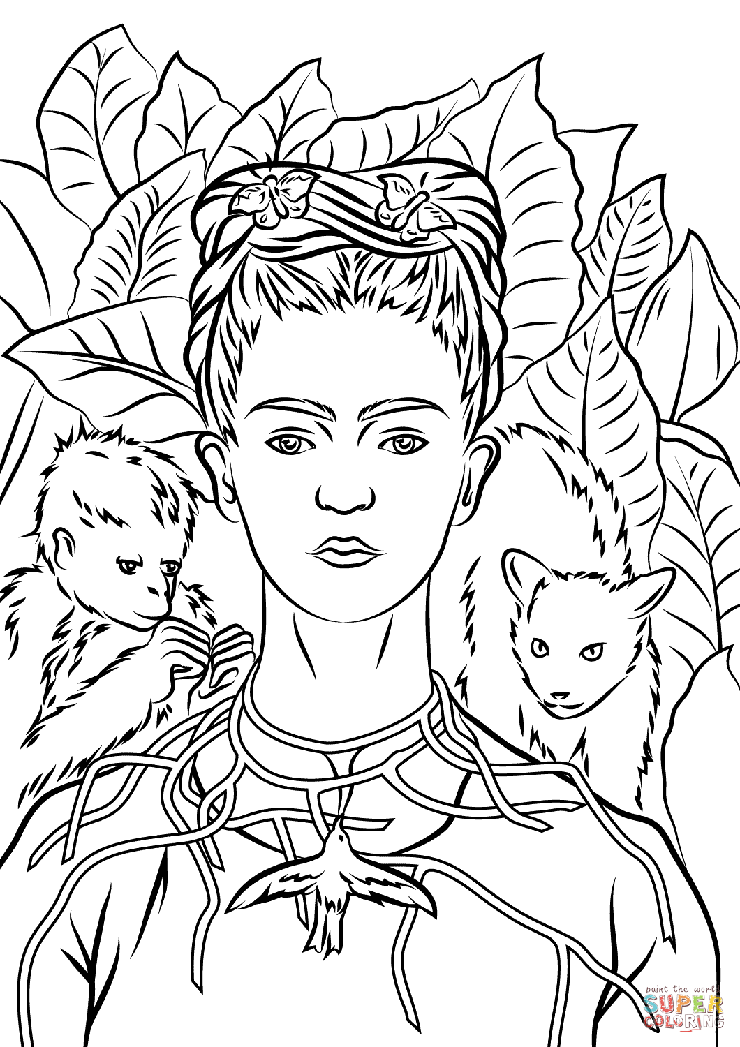 Self Portrait With Necklace Of Thorns Frida Kahlo Coloring Page 1060x1500 Self Portrait With Necklace Of Thorns Frida Kahlo Coloring Page