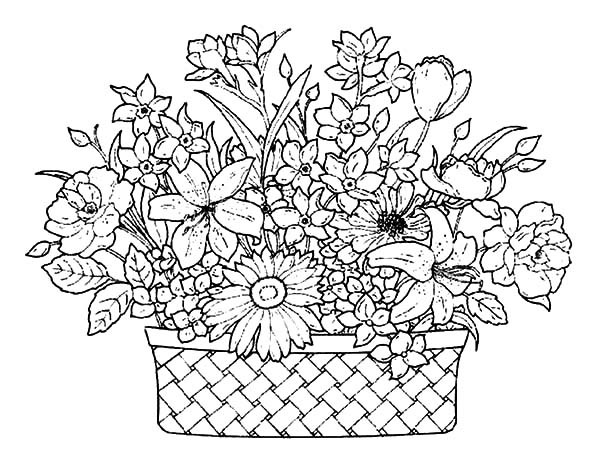 600x450 A Basket Of Flowers Full Of Beautiful Flowers Coloring Pages