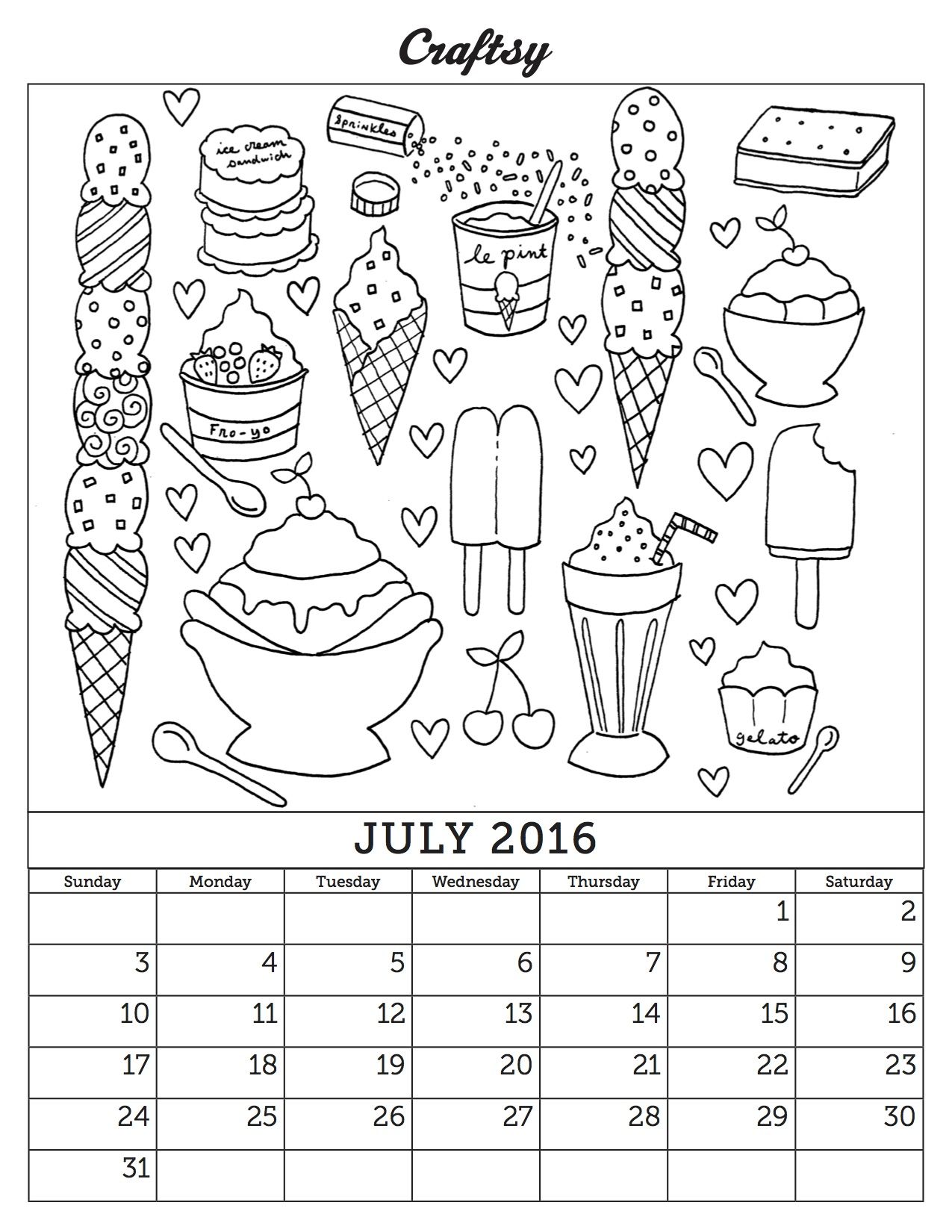 Juillet 2016 Coloriage Calendrier Page De Craftsy 1275x1650 Juillet 2016 Coloriage Calendrier Page De Craftsy