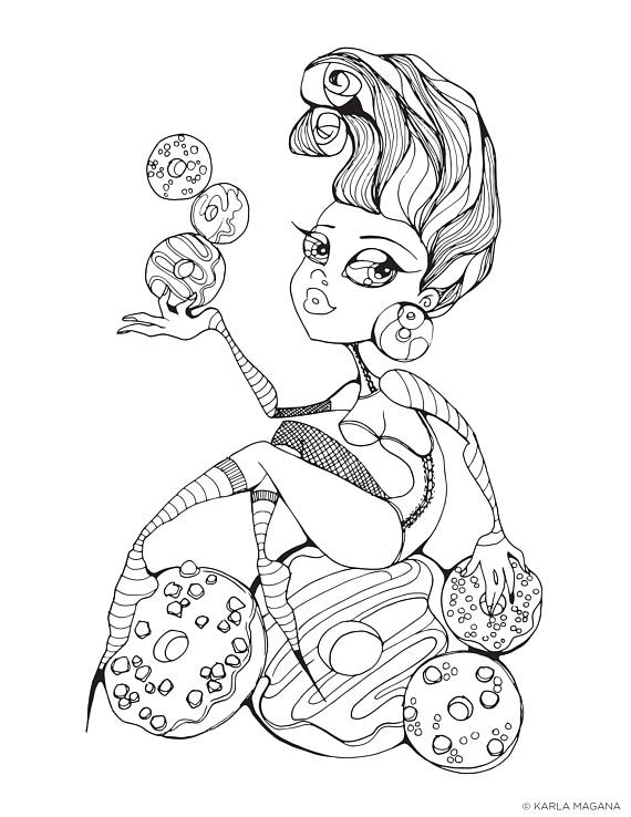 Donuts Coloring Page Donut Pinup Girl Printable Instant 570x738 Donuts Coloring Page Donut Pinup Girl Printable Instant