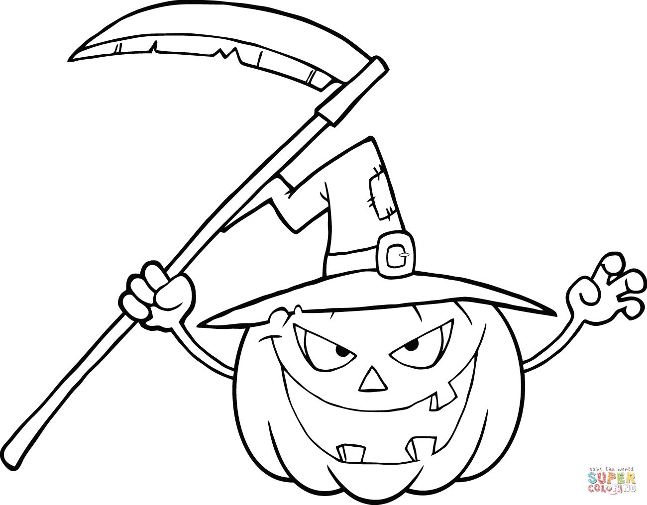 Halloween Pumpkin With A Witch Hat And Scythe Coloring Page 1300x1015 Halloween Pumpkin With A Witch Hat And Scythe Coloring Page