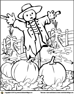 Scarecrow In The Pumpkin Patch Coloring Page Worksheet Village 302x385 Scarecrow In The Pumpkin Patch Coloring Page Worksheet Village