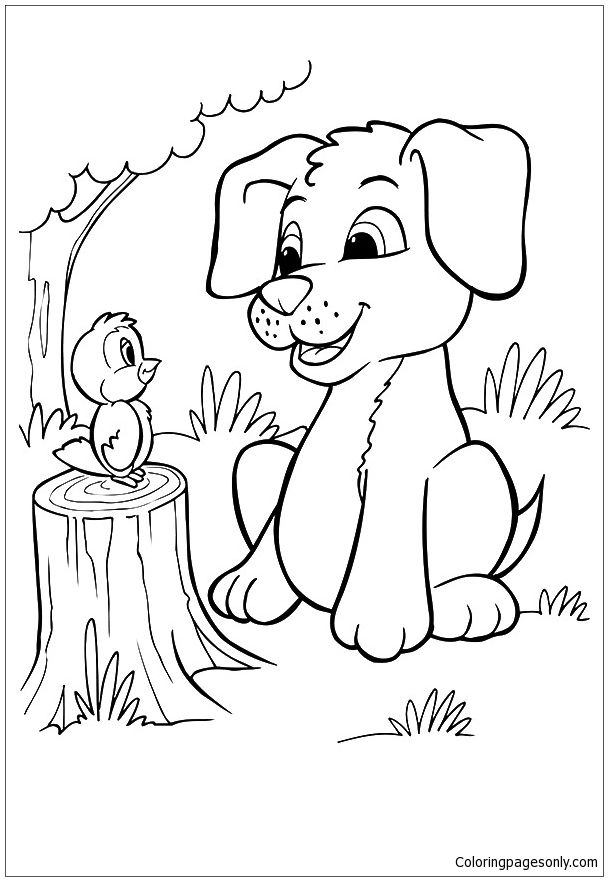 608x881 The Pup And Bird Coloring Page Puppy Coloring Pages
