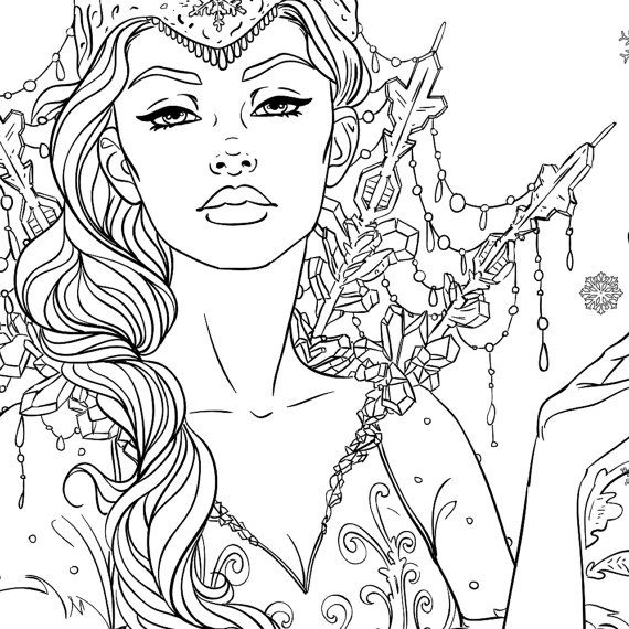 Snow Queen Adult Coloring Page Fantasy Line Art Girl Drawings 570x570 Snow Queen Adult Coloring Page Fantasy Line Art Girl Drawings