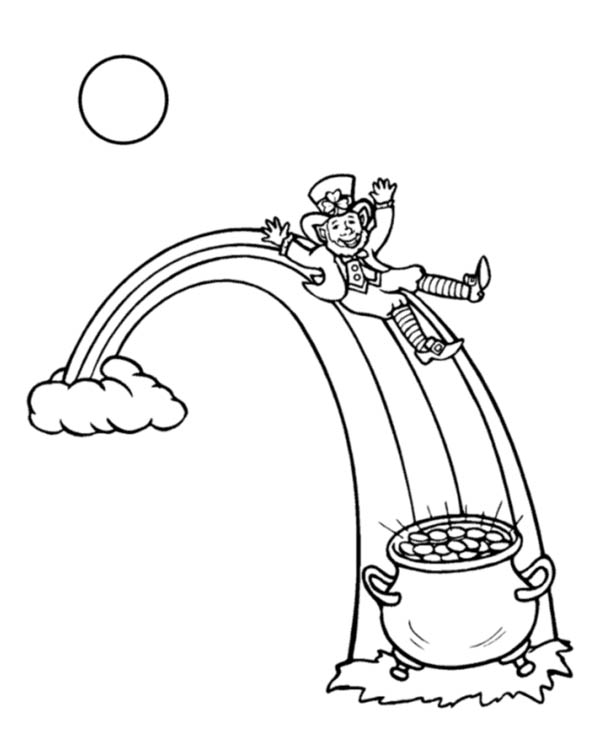 A Leprechaun And His Gold Pot In The Rainbow Coloring Page 600x734 A Leprechaun And His Gold Pot In The Rainbow Coloring Page