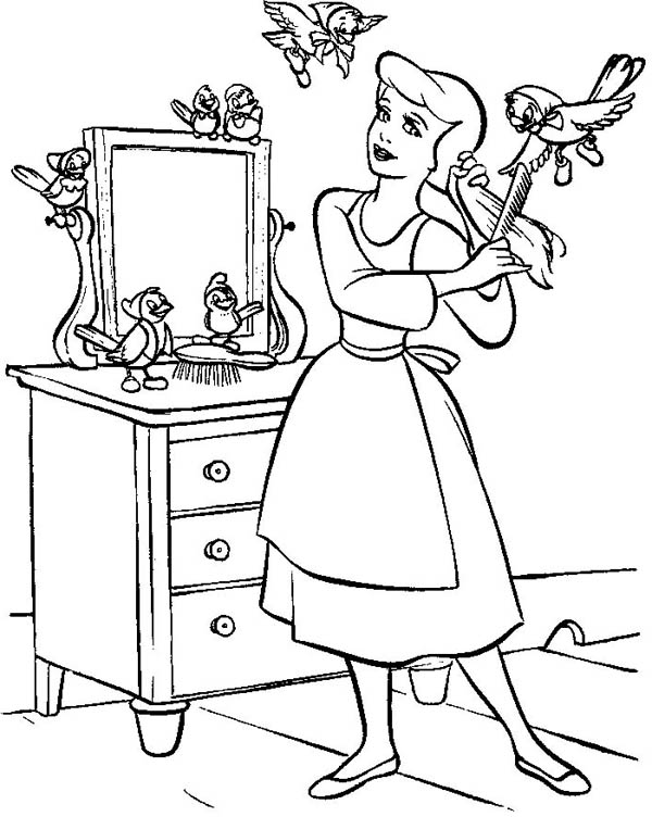 Cinderella In Her Room With Friends In Cinderella Coloring Page 600x752 Cinderella In Her Room With Friends In Cinderella Coloring Page
