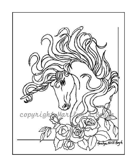 Adult Coloring Page, Digital Download, Unicorn, Roses, Garden 570x698 Adult Coloring Page, Digital Download, Unicorn, Roses, Garden