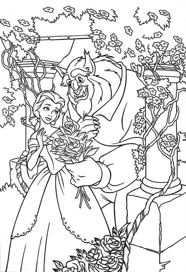 Belle And The Beast In The Rose Garden Coloring Page 600x878 Belle And The Beast In The Rose Garden Coloring Page