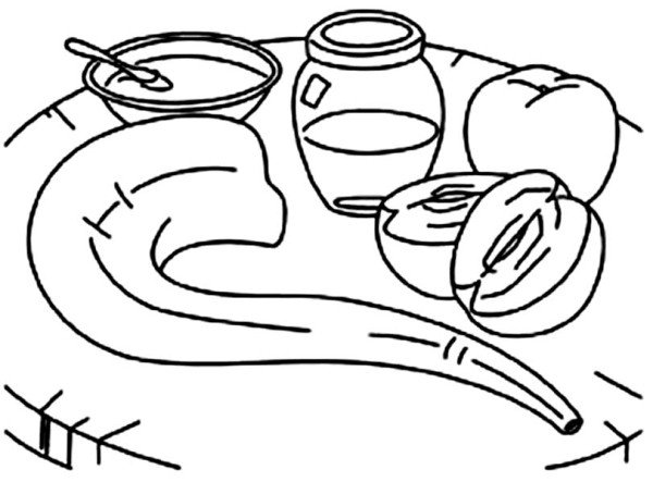 Shofar And Honey And Apple On The Table On Rosh Hashanah Coloring 600x443 Shofar And Honey And Apple On The Table On Rosh Hashanah Coloring