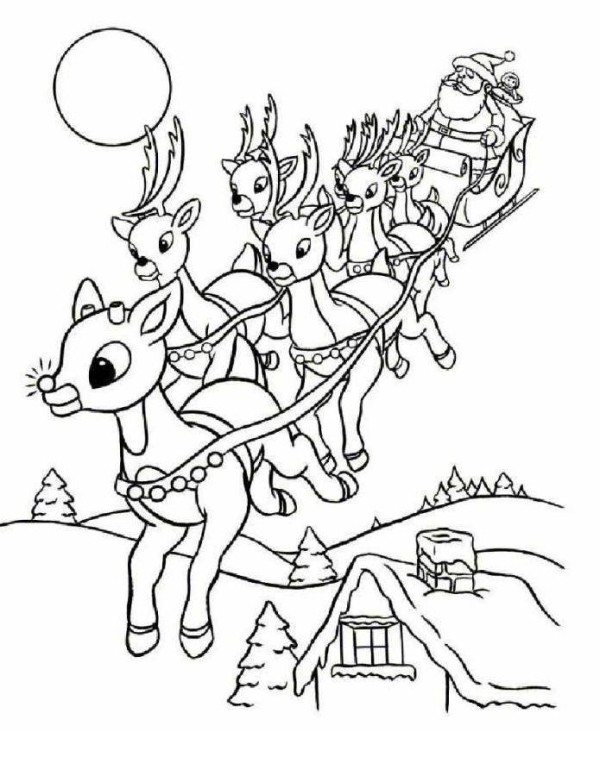 Rudolph And Santa Leigh Reindeers Coloring Page 600x776 Rudolph And Santa Leigh Reindeers Coloring Page