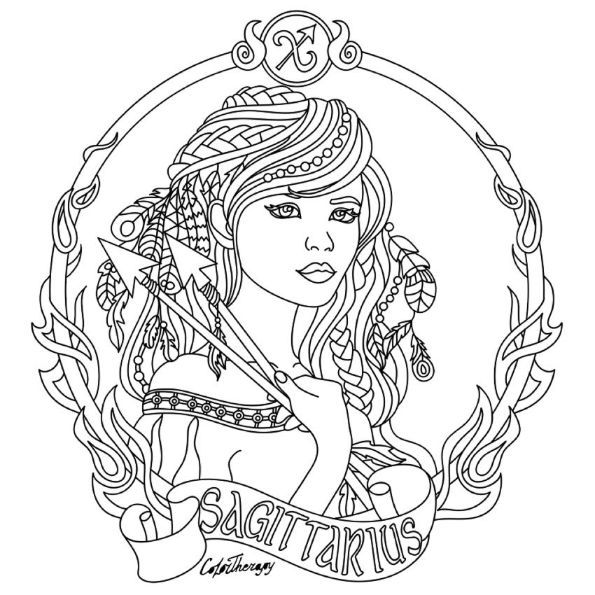 850x850 Sagittarius Zodiac Beauty Colouring Page Coloring Pages