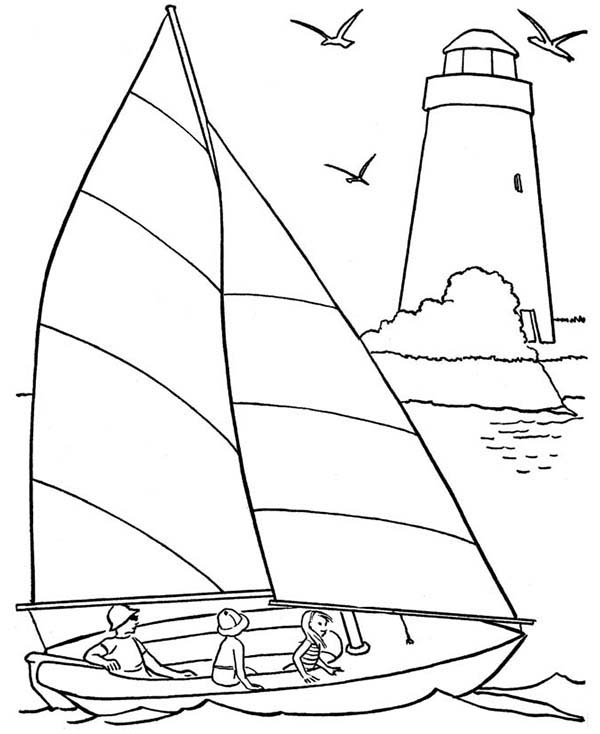 600x734 A Happy Family On Beach Sailing Coloring Page
